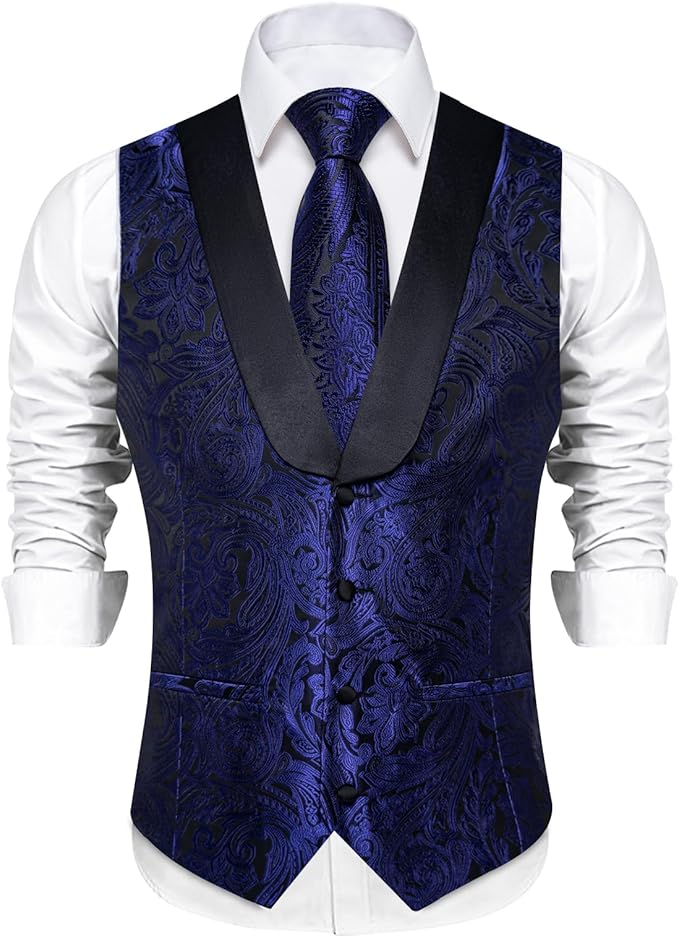 DiBanGu Mens Paisley Suit Vest Silk Jacquard Waistcoat and Necktie Set Formal Shawl Collar Dress Vest 7PCS for Wedding Party