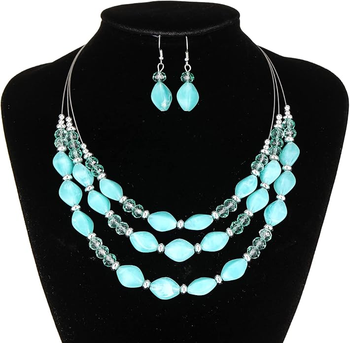3 Layered Chunky Statement Necklace for Women Beaded Strand Necklaces with Earring Fashion Costumes Collar Necklace Jewelry Sets Gifts for Women