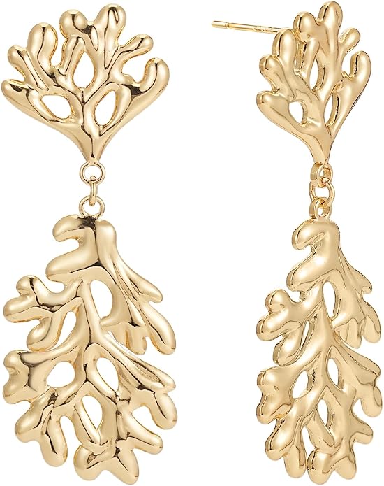 Large Gold Earrings for Women, Chunky Gold Statement Drop Dangle Earring Maple Leave Ginko Leaf Jewelry Gifts