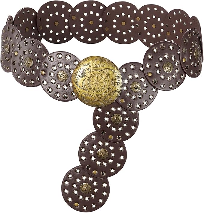 Wide Disc Belt for Women Vintage Hollow Boho Leather Belt Western Chunky Waist Belt Cowboy Metal Buckle Concho Belts