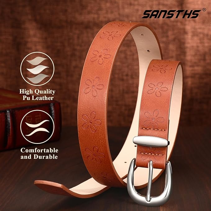 SANSTHS Womens Belt for Jeans Pants Dresses with Alloy Buckle, Floral Print Belt for Women with Unique Print Design