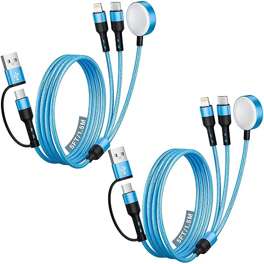 [2Pack,5FT] Travel Essentials, 3 in 2 USB A/C Cable to iPhone 17 Charger/Apple Watch Charger/IP, Braided Multi Charging Cable Cord, RV Camping Essentials, Designed for iWatch Series & iPhone17-11/iPad