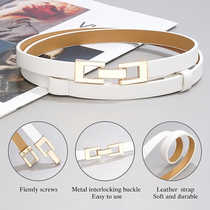 Glamorstar Skinny Belts for Women Thin PU Leather Waist Belt with Gold Buckle for Dresses