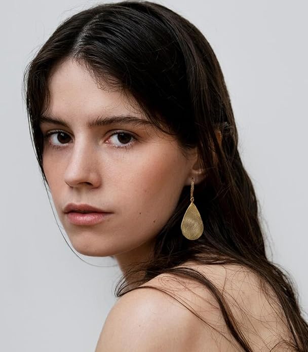 OZEL Gold Dangle Earrings for Women Brushed Finish, Matte Gold Statement Jewelry, 14k Gold Plated