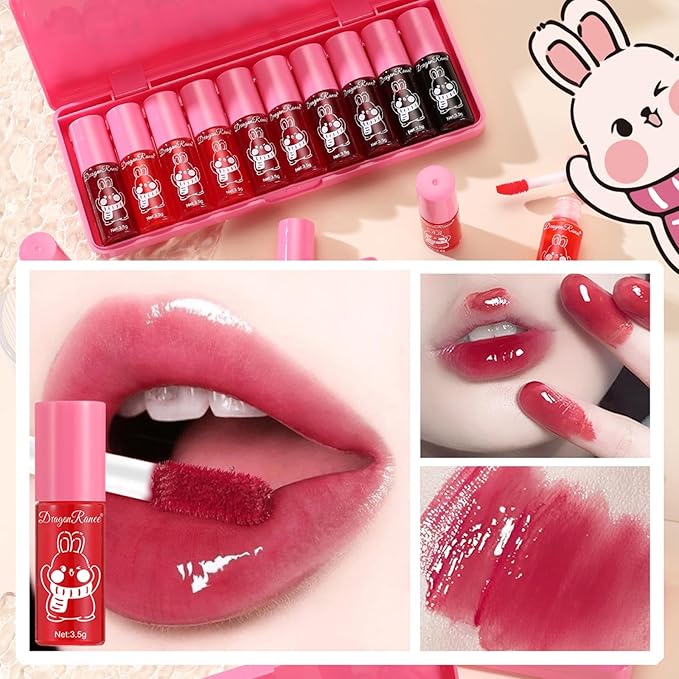 10 Pcs Lip Tint Set Cute Glossy Lip Stains and Matte Lipsticks with Long-lasting and Quick-drying Mini Lip Gloss Lipstick for Makeup Gift (Rabbit, Lip Gloss)