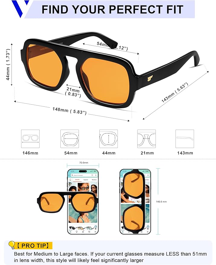 VANLINKER Oversized Retro Square Aviator Sunglasses for Women Men 70s Vintage Style Trendy Big Flat Top Sun Glasses VL9826