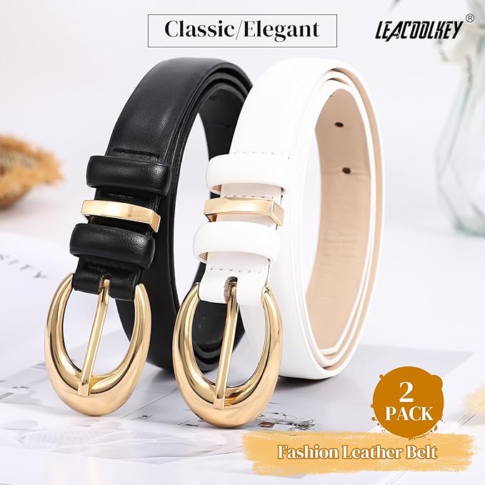 2 Pack Women Leather Belts for Jeans Dress Fashion Ladies Belt with Gold Silver Buckle