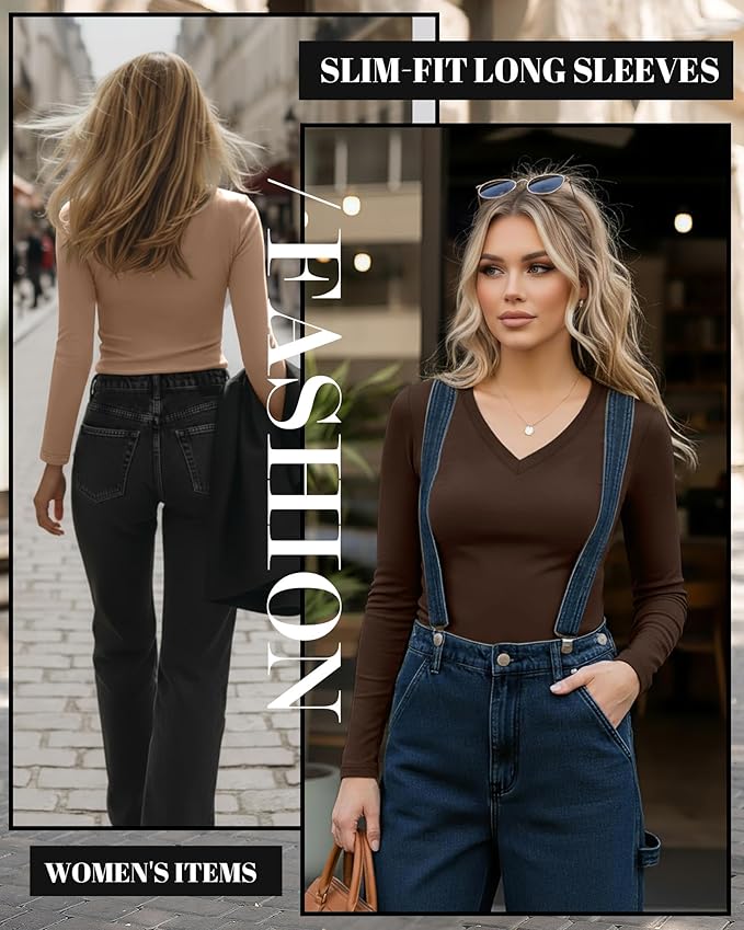 Ficerd 3 Pack Women's Long Sleeve Shirts, V Neck Basic Tees Slim Fitted Casual Fall Tops Going Out Blouses T Shirts