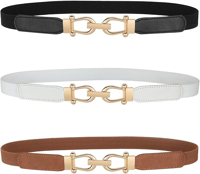 JASGOOD Women Skinny Elastic Belt for Dresses,Thin Retro Stretch Waist Belt with Golden Buckle