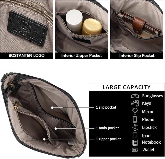 BOSTANTEN Crossbody Bags for Women Trendy Vegan Leather Hobo Purses Shoulder Handbags With Wide Shoulder Strap
