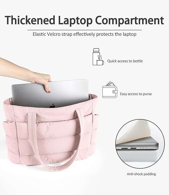 Puffer Tote Bag for Women, Cute Quilted Carryall with Zippered Compartments Shoulder Bag Handbag for Work, Travel, Gym