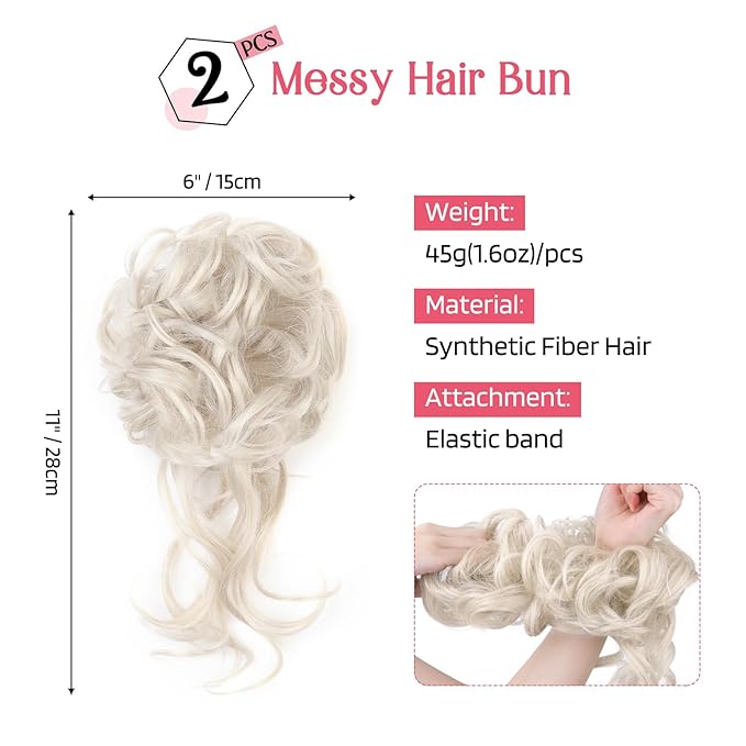 HOOJIH 2PCS Messy Bun Hair Piece, Tousled Updo with Tendrils, Wavy Curly Hair Wrap Ponytail Hairpieces, White Blonde