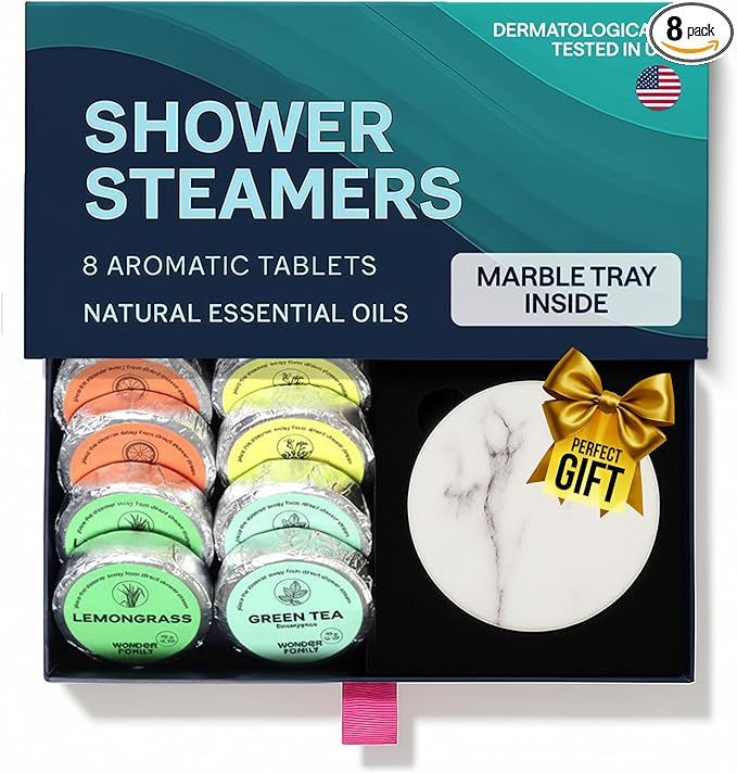 Aromatherapy Shower Steamers Gift Set for Women & Men – Green Tea, Jasmine, Lemongrass, Citrus – Essential Oil Vapor Shower Tablets, Individually Wrapped Shower Melts, Spa Gifts for Christmas