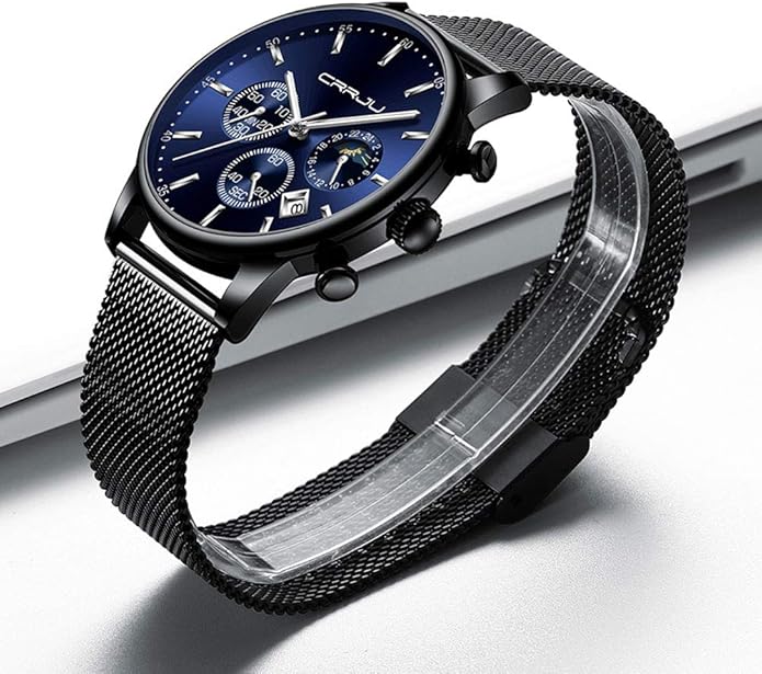 CRRJU Men's Fashion Casual Watches Auto Date Chronograph Watch Men Nice Work Watches Waterproof 30M Full Steel Quartz with Mesh Strap