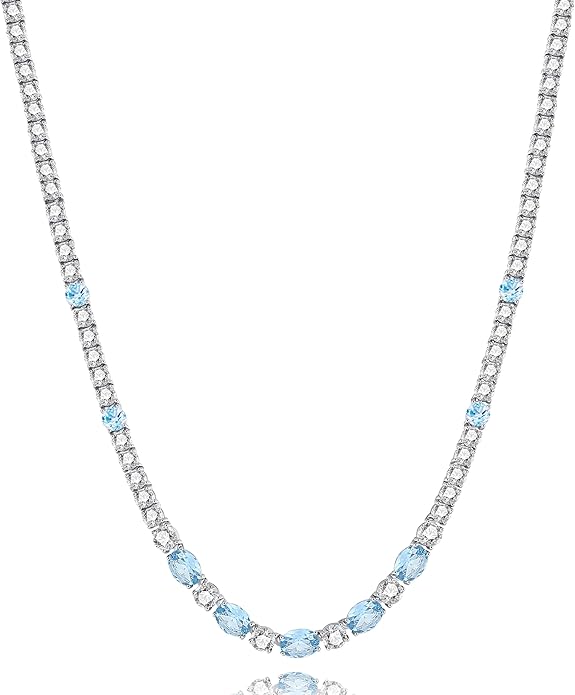 FANCIME Sterling Silver Tennis Necklace 4mm 18 inch Birthstone Necklace with 6 * 8mm Oval Gemstone Luxury Fine Birthday Jewelry Gifts for Women