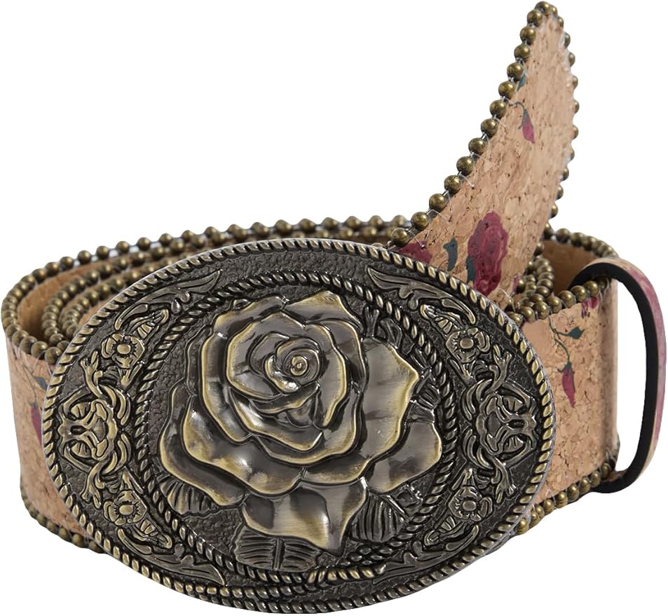 Women's Floral Embroidery Genuine Leather Belt Vintage Square Buckle