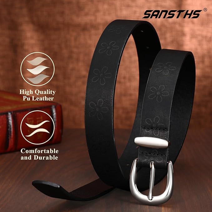 SANSTHS Womens Belt for Jeans Pants Dresses with Alloy Buckle, Floral Print Belt for Women with Unique Print Design