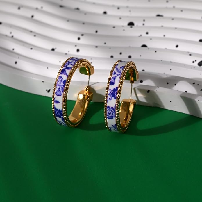 Chunky Blue and White Porcelain Hoop Earrings for Women – Hand-Painted Statement Earrings with 18K Gold, Artistic Vintage Jewelry, Luxury Gift (Cerulean)