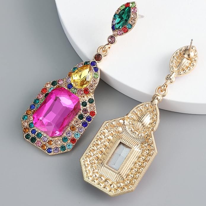 Vintage Rhinestone Dangle Statement Earrings Colorful Long Crystal Dangling Drop Earring for Women Formal Wedding Prom