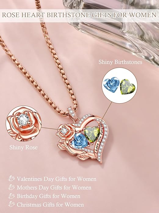 Rose Heart Necklaces for Women, Rose Gold Forever Love Jewelry with 2 Birthstones Pendant, Christmas Anniversarry Birthday Gifts for Her Wife Mom Grandma, 18+2 Inch Chain