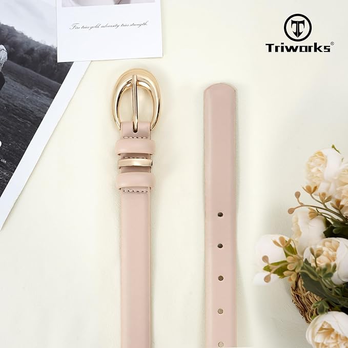 TRIWORKS Women Leather Belt for Jeans Pants Fashion Ladies Skinny Faux Leather Dress belt with Gold Buckle