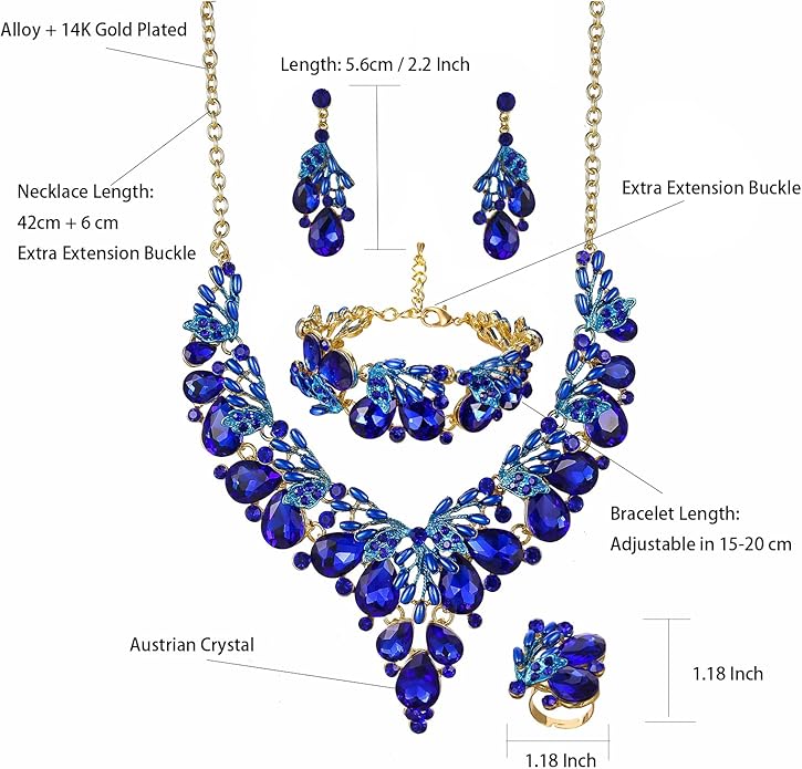 Jewelry Set for Women, Statement Necklace Dangle Earrings Bracelet Ring, White/KC Gold Plated Jewelry Set with Rhinestone Pearl Crystal Wedding Party Jewelry for Bridal Bridesmaid