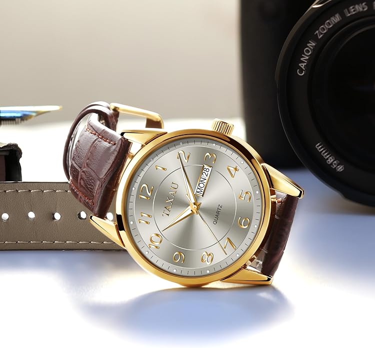Men's Watch Big Face Easy Read Arabic Numeral Dress Watches for Men Classic Black Brown Leather Band Analog Mens Wrist Watch with Day and Date Fashion Business Waterproof Luminous Quartz Watch