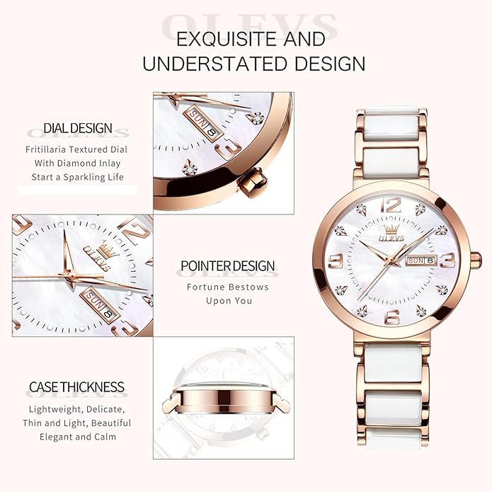 OLEVS Womens Ceramic Watch Luxury Shinning Diamond Rose Gold Watch for Women Analog Quartz Ladies Dress Watches Casual Waterproof Wrist Watches for Woman with Day Date Reloj para Mujer