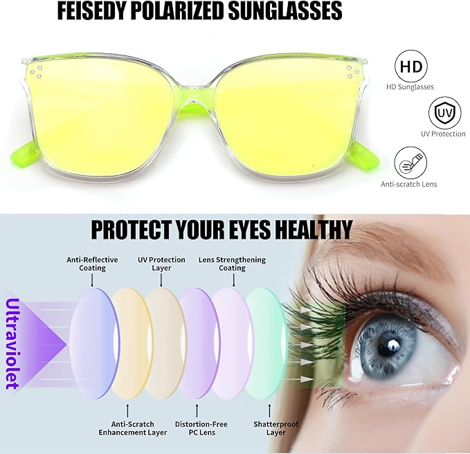 FEISEDY Oversized Polarized Sunglasses - UV400 Protection, Square Fashion Sun Glasses for Outdoor & Daily B2600