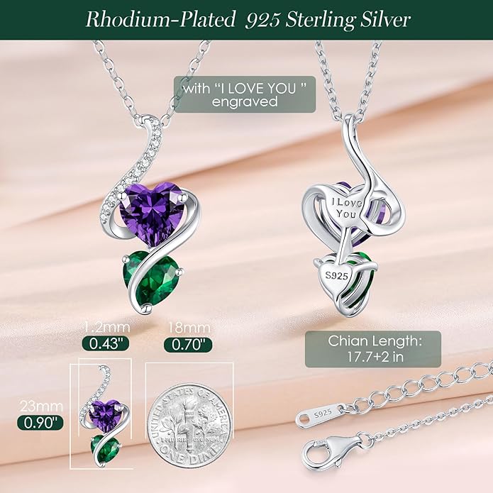 LOUISA SECRET Unique Double Heart Necklace Gifts for Wife Women, 925 Sterling Silver Tiny Birthstone Pendant Jewelry Gift for Her Girlfriend Mom Valentine's Day Anniversary Mother's Day Birthdays & Christmas