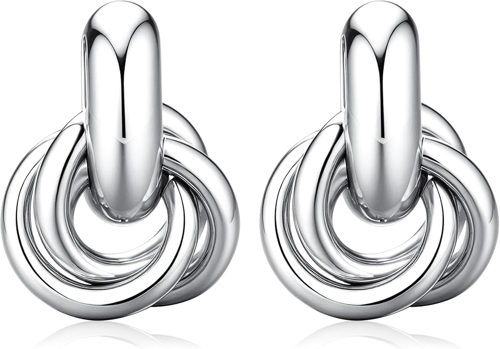 ORAZIO Chunky Gold Plated Knot Earrings for Womens Trendy 925 Silver Statement Lightweight Dangle Drop Hypoallergenic Large Geometric Stud Earring Jewelry for Women