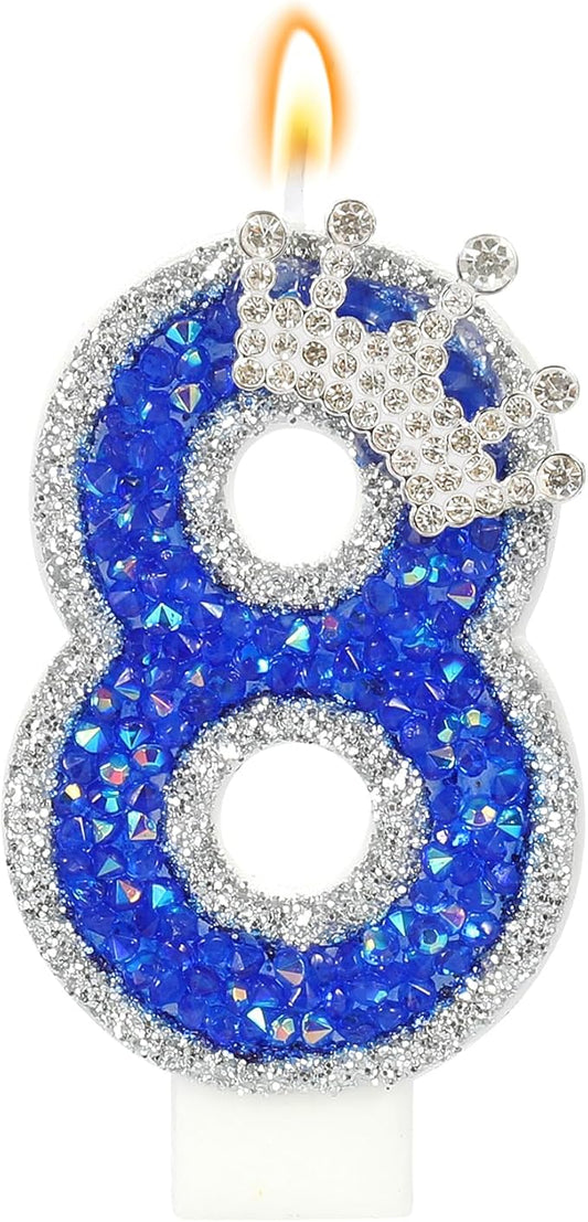 Blue Birthday Candle Crown Number 8 Candle with Sequins Cake Candles Cupcake Decorations Party Decor for Anniversary Celebrations Supplies