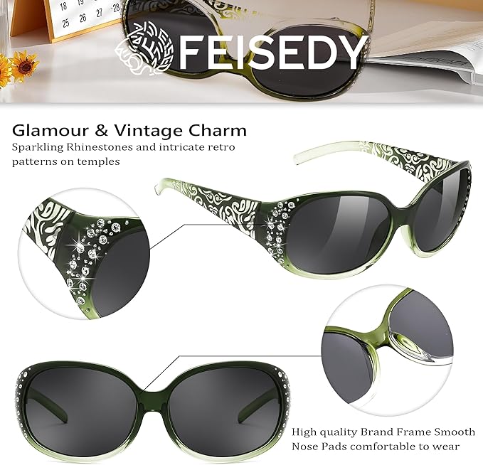 FEISEDY Women's Polarized Sunglasses Wrap Around Rhinestone Design Fashion Sunnies UV400 Protection B1091
