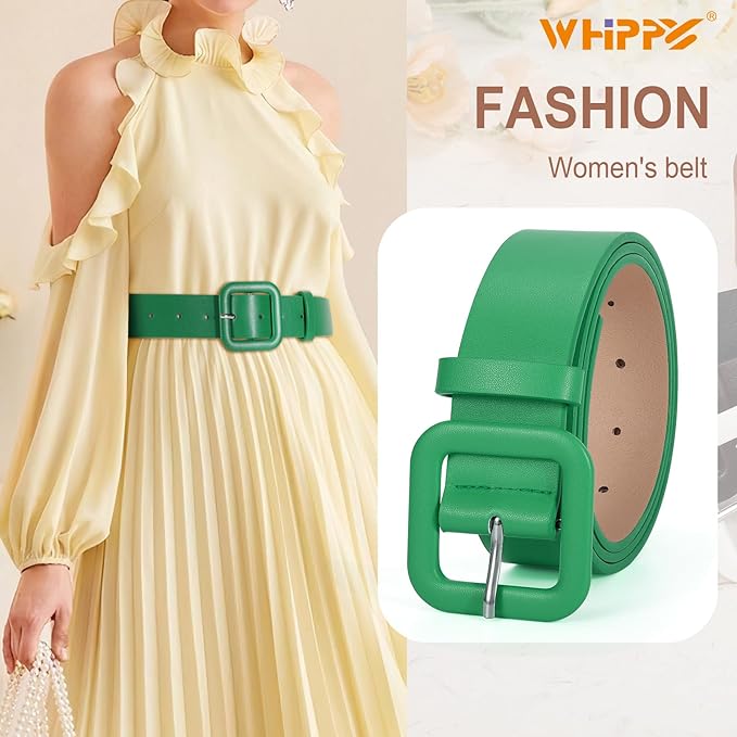 WHIPPY Women Leather Belt Candy Color Fashion Square Buckle Belt Ladies Belt for Jeans Pants Dresses
