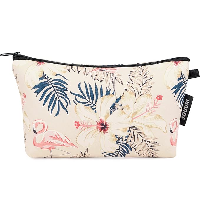 WANDF Cosmetic Bag for Women Makeup bag Organizer Mini Makeup Pouch for Purse Water Resistant Girls Gift (Beige Flamingo)
