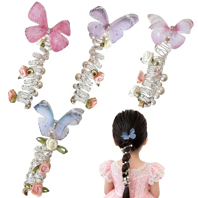 4PC Pearl Butterfly Telephone Wire Hair Ties – Spiral Elastic Bubble Ponytail Hair Bands for Women & Girls, No Damage, Soft & Stretchy Hair Accessories for High Ponytails and Braids(set-B)