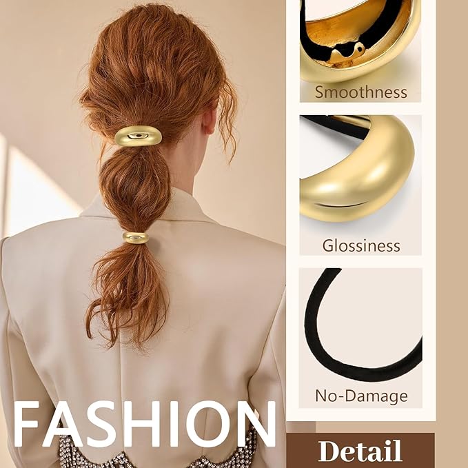 2PCS Gold Hair Ties for Women - Metal Hair Accessories for Thick Hair, Elegant and Durable Geometric Design, Ponytail Cuffs Stretchy Non-Damage Holiday Gifts