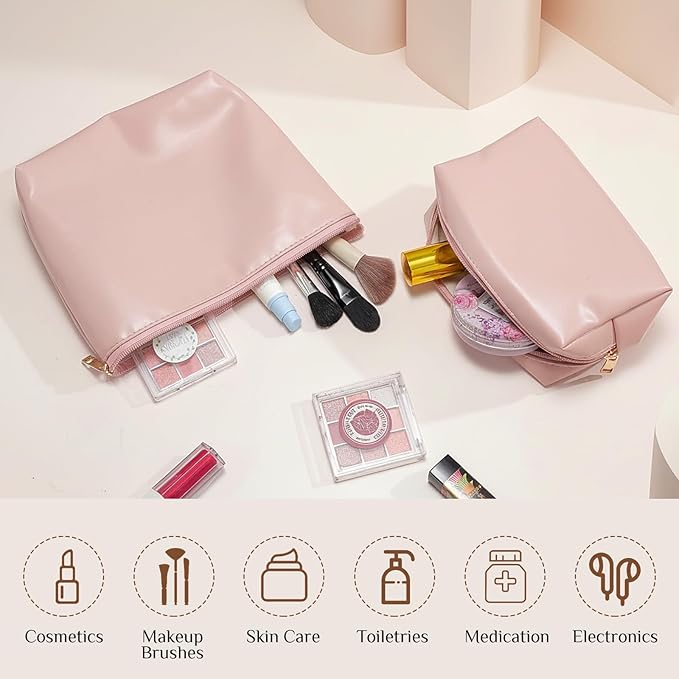 Kigeli 2 Pcs PU Leather Makeup Bag Set for Women Aesthetic Cosmetic Bag Small Toiletry Travel Pouch for Purse Emergency Skincare Organizer Valentine Gifts for Bridesmaid Birthday(Pink)
