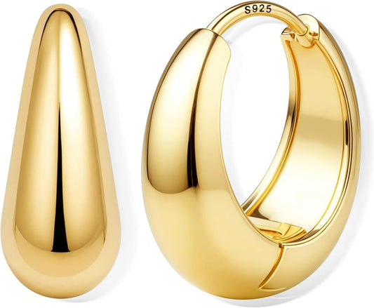 14K Gold Plated Small Chunky Hoop Earrings Sterling Silver Post - Hypoallergenic Trendy Thick Lightweight Silver Plated Huggie Hoops Dainty Hoop Earrings for Women Non Tarnish Jewelry Gifts