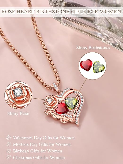 Rose Heart Necklaces for Women, Rose Gold Forever Love Jewelry with 2 Birthstones Pendant, Christmas Anniversarry Birthday Gifts for Her Wife Mom Grandma, 18+2 Inch Chain