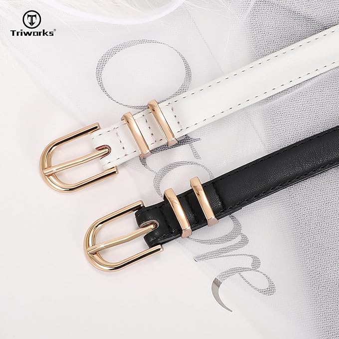 2 Pack Women Skinny Leather Belts for Jeans Pants Thin Faux Leather Belt with Gold Buckle