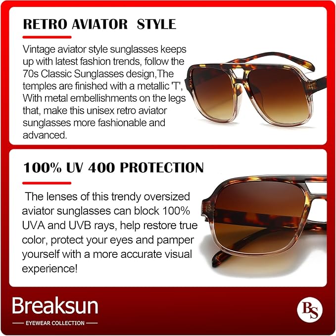 Retro Aviator Sunglasses for Women Men Trendy Classic 70s Square Aviator Sun Glasses Vintage Shades