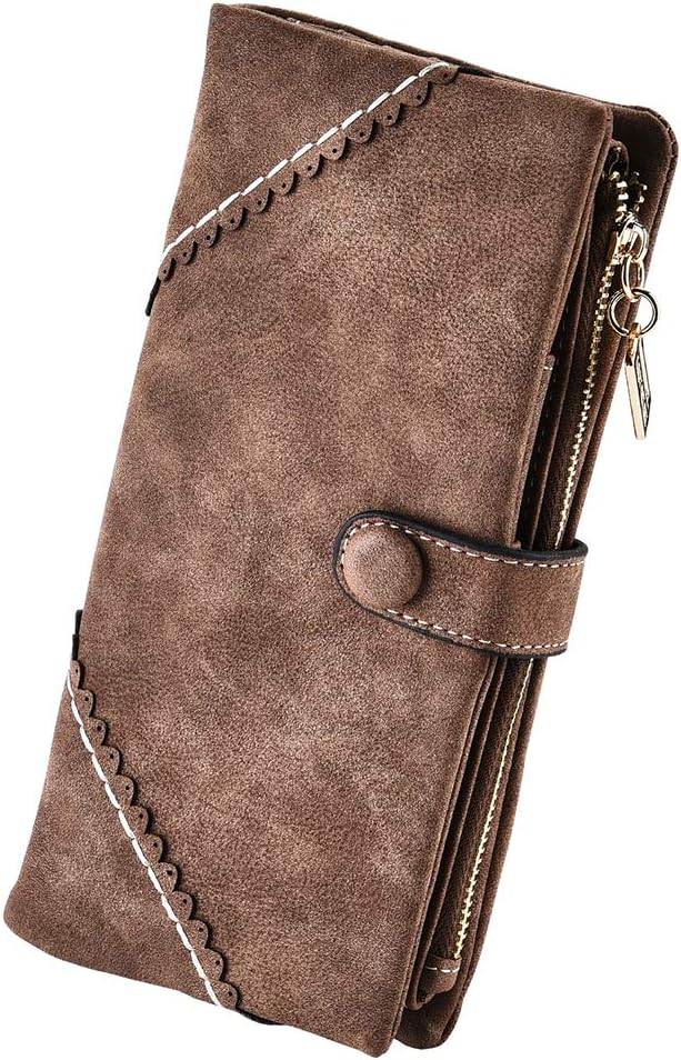 Women's Genuine Leather Bifold Clutch Wallet Large Capacity Card Organizer with Buckle Closure in Candy Colors (Coffee)