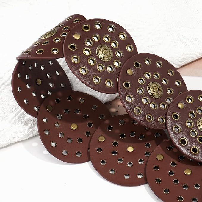 Wide Disc Belt for Women Vintage Hollow Boho Leather Belt Western Chunky Waist Belt Cowboy Metal Buckle Concho Belts