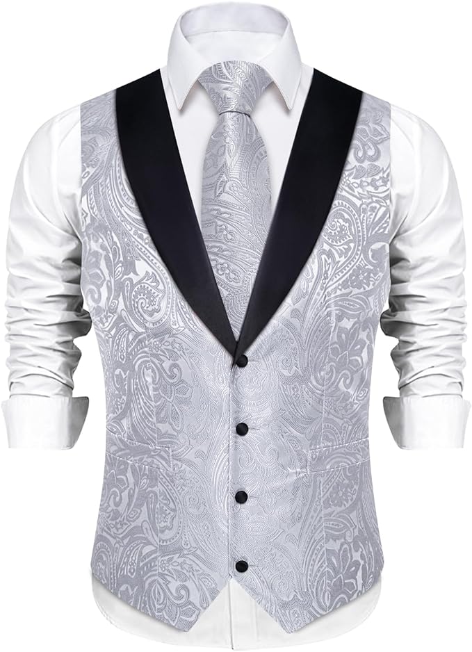 DiBanGu Mens Paisley Suit Vest Silk Jacquard Waistcoat and Necktie Set Formal Shawl Collar Dress Vest 7PCS for Wedding Party