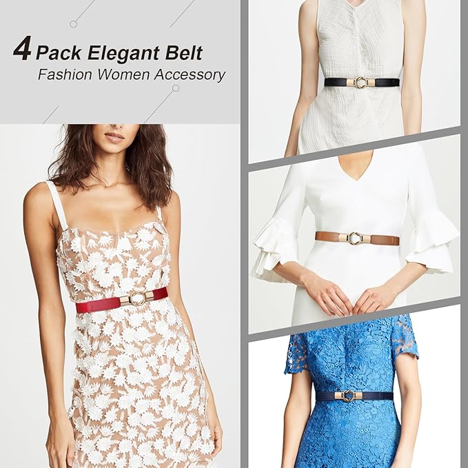 WERFORU Women Skinny Belt for Dresses Retro Stretch Waist Belt with Gold Buckle Set of 4