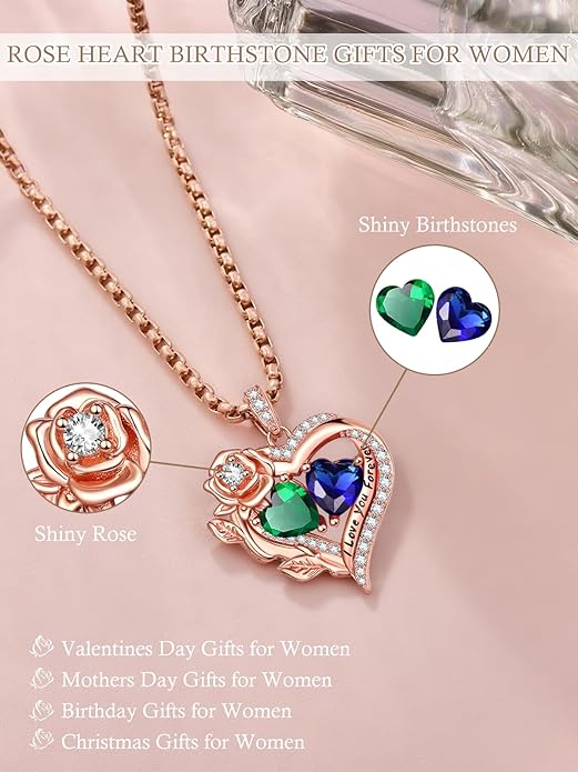 Rose Heart Necklaces for Women, Rose Gold Forever Love Jewelry with 2 Birthstones Pendant, Christmas Anniversarry Birthday Gifts for Her Wife Mom Grandma, 18+2 Inch Chain
