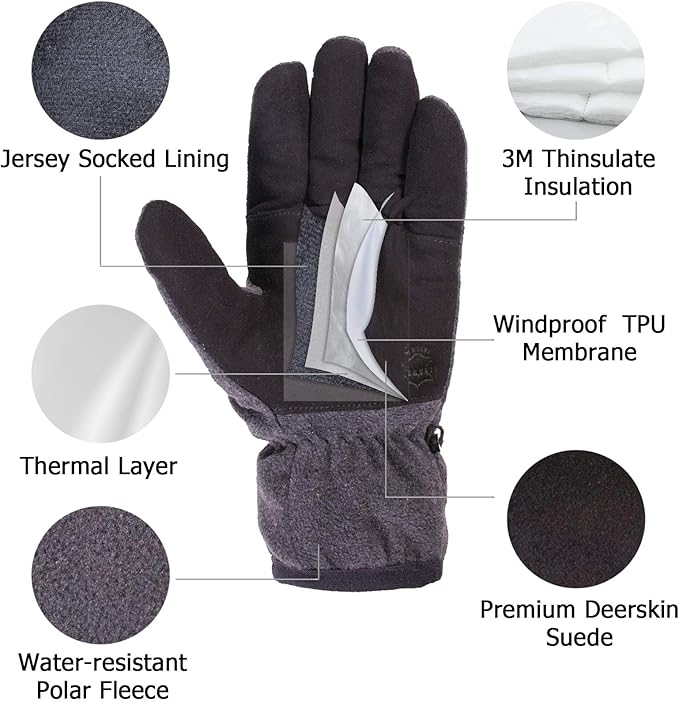 SKYDEER Winter Gloves with Soft Deerskin Suede Leather & Thermal Polar Fleece & Warm 3M Thinsulate Insulation (SD8661T)
