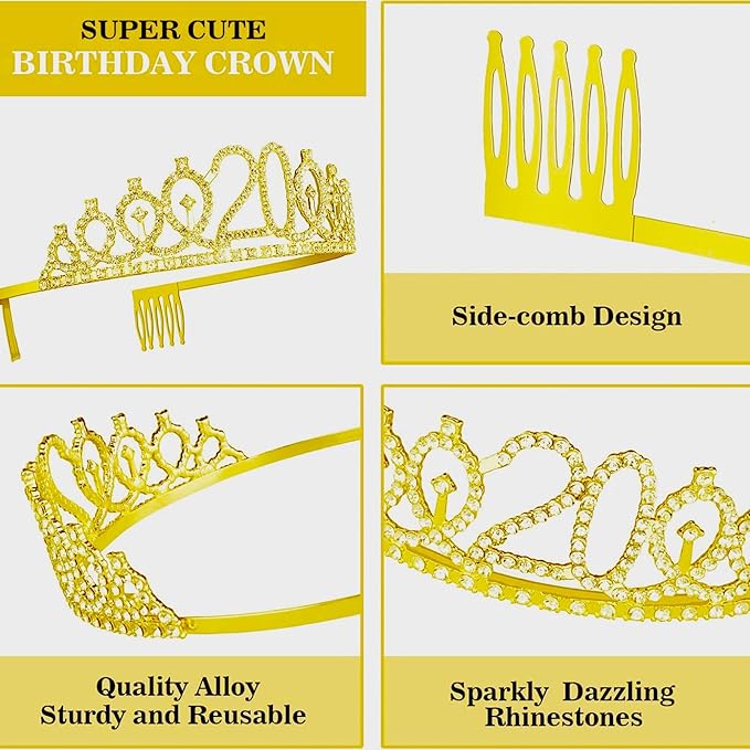 20th Birthday Decorations for Her Girls Set, Include 20th Birthday Crown and 20 Sash, 20th Birthday Cake Topper and 20 Birthday Candles, Gold 20 Balloons, Women 20th Party Supplies(Gold)