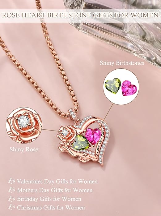 Rose Heart Necklaces for Women, Rose Gold Forever Love Jewelry with 2 Birthstones Pendant, Christmas Anniversarry Birthday Gifts for Her Wife Mom Grandma, 18+2 Inch Chain